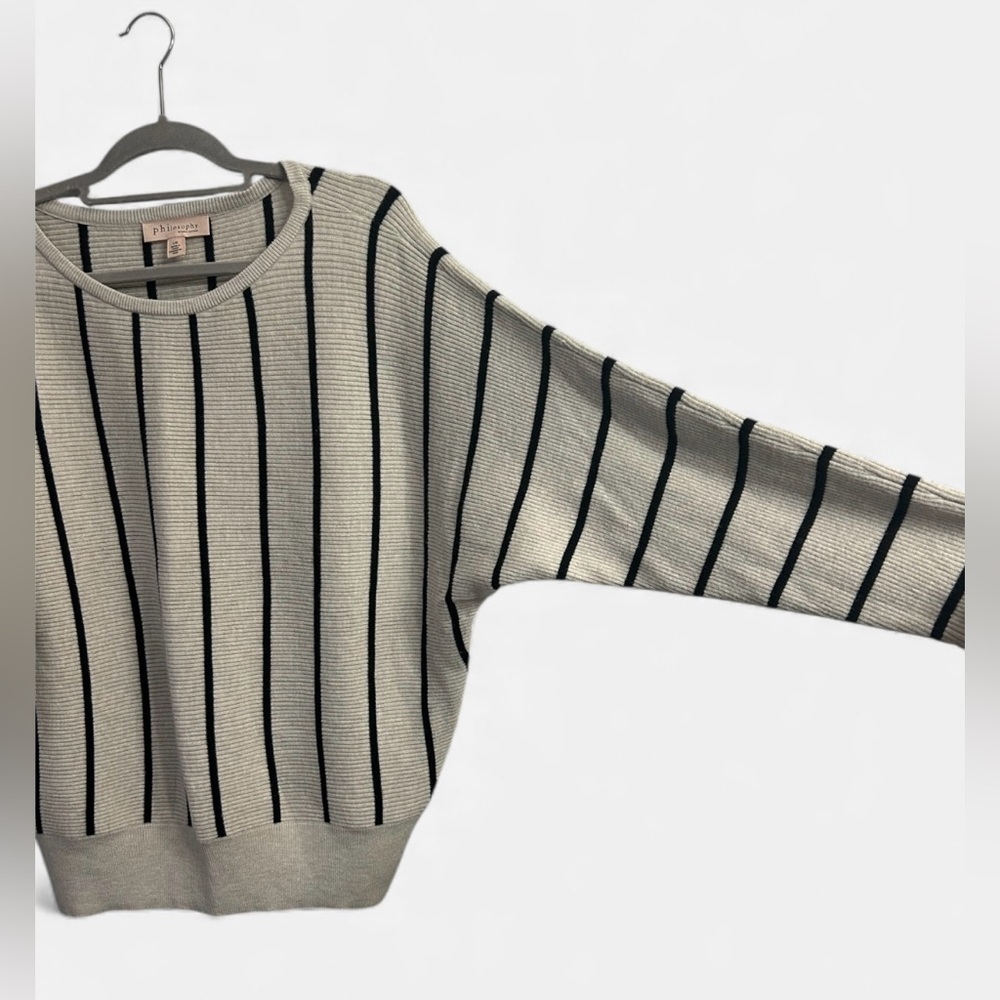 Philosophy Womens Large Cream/Black Striped Drop Shoulder Crew Soft Cozy Sweater - Picture 3 of 9